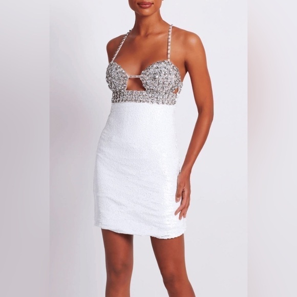 PATBO Hand Beaded Sequin Mini Dress White Size 4 EUC - Picture 3 of 11